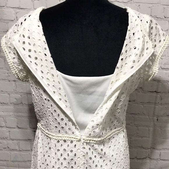 White Belted  Eyelet Sheath Dress Preppy and Chic Sizeb10 - Picture 9 of 13